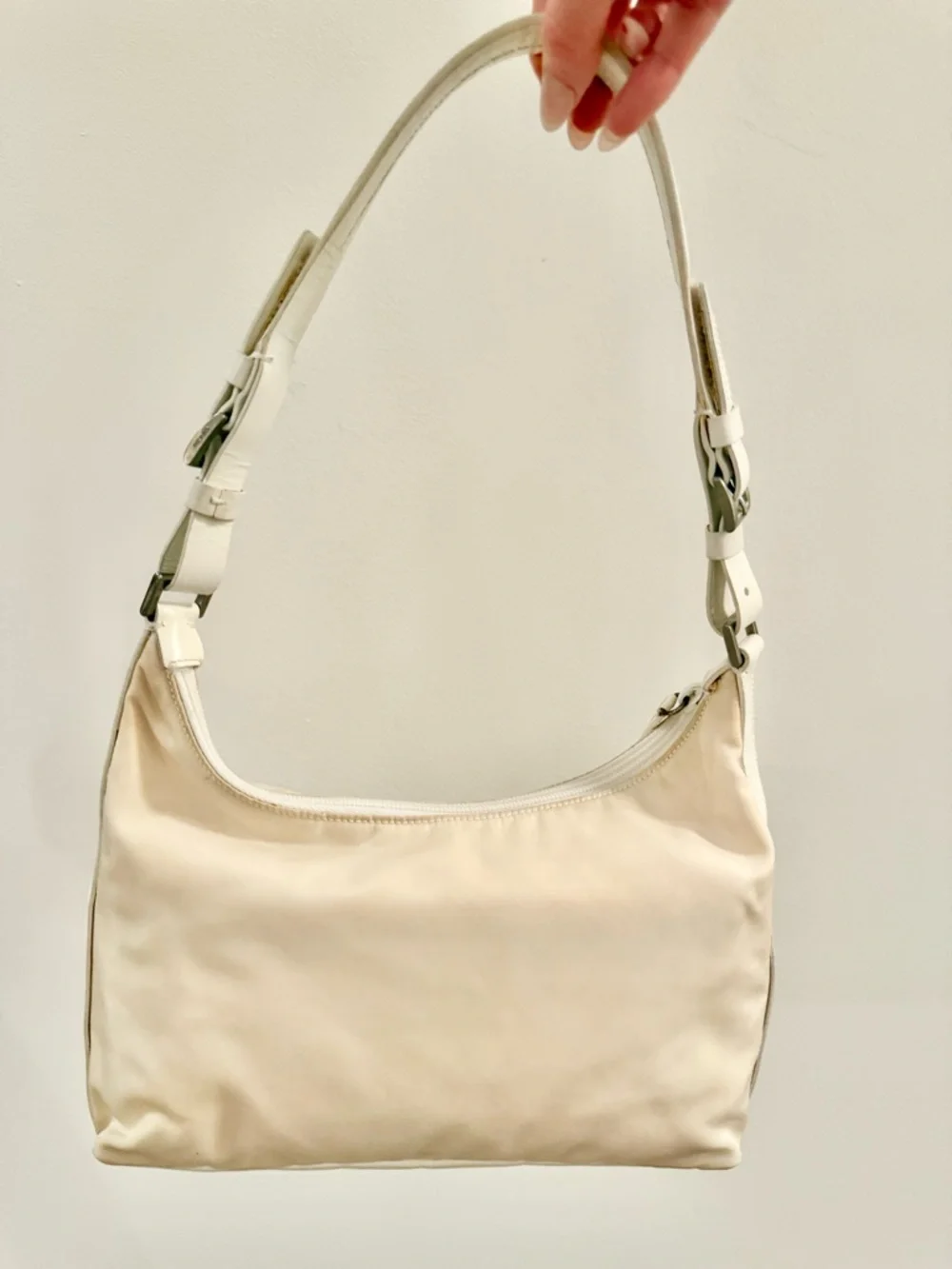 Prada Vintage Cream Nylon Shoulder Bag with White Leather Trim Authentic - Picture 2 of 16